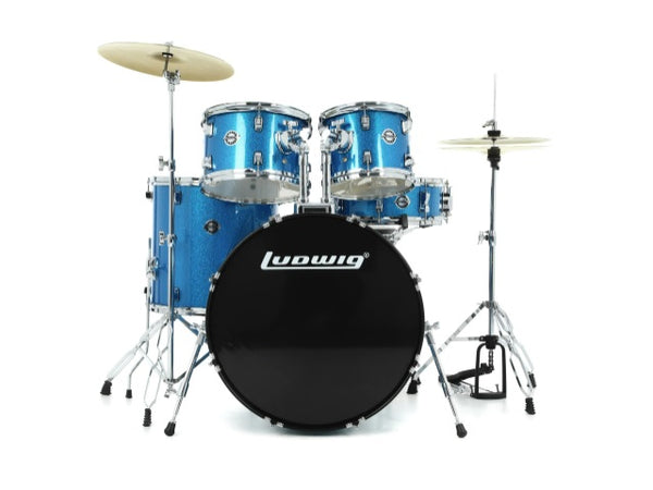 Kit de batterie Ludwig 5 pièces Accent Drive avec matériel, cymbales et trône Blue Sparkle 10 12 16 14SN 22BD