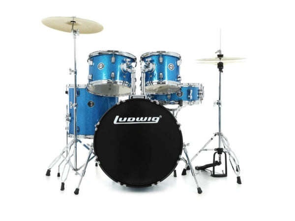 Kit de batterie Ludwig 5 pièces Accent Fuse avec matériel, cymbales et trône Blue Sparkle 10 12 14 14SN 20BD