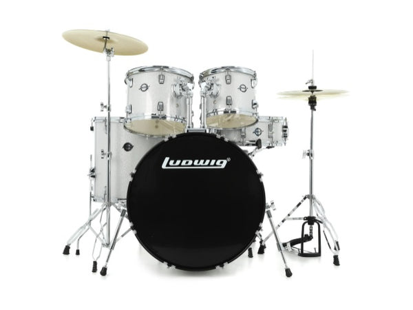 Kit de batterie Ludwig 5 pièces Accent Drive avec matériel, cymbales et trône Silver Sparkle 10 12 16 14SN 22BD